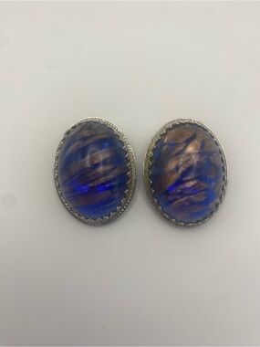 Vintage Whiting & Davis Blue Aventurine Glass Clip On Earrings Gold Fleck 1960s